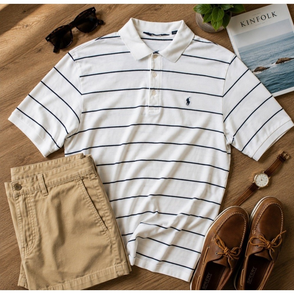Polo Ralph Lauren Men's Large White Navy Striped Polo Shirt Preppy Golf Classic
